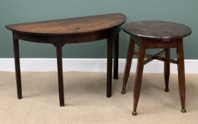 ANTIQUE MAHOGANY 'D' END TABLE, 72cms H, 120cms W, 54cms D and a circular topped mahogany pub type