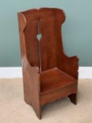 ARTS & CRAFTS STYLE SINGLE SEAT OAK SETTLE, 97cms H, 46cms W, 40cms D