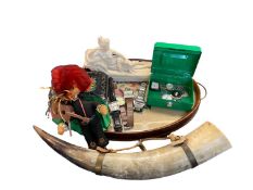 WALNUT GALLERY TWO-HANDLED TRAY, resin type figurine, an ornamental animal horn and miscellaneous