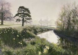 JOHN LACOUX oil on board - countryside lake scene with geese and their young, signed, 75 x 105cms
