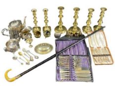SILVER COLLARED WALKING CANE, assorted other EPNS. Also, three pairs of brass candlesticks and