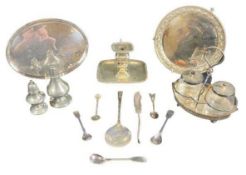 MIXED EPNS & PEWTER including a twin jar preserve stand, two EPNS calling card trays, George