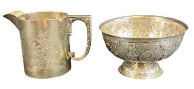 VICTORIAN SILVER MILK JUG and a Dutch style white metal pedestal bowl, the jug Sheffield 1876,