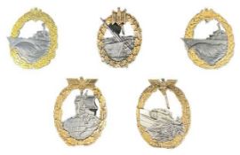 GERMAN THIRD REICH KRIEGSMARINE BADGES - a group of five to include Destroyer with maker's stamp for