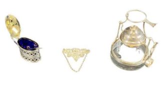 SILVER & GLASS BRANDY WARMER, Brandy label and a lidded mustard pot with blue glass liner, London