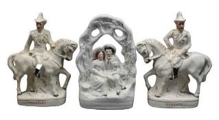 STAFFORDSHIRE POTTERY FLATBACK FIGURINES, A PAIR titled 'Wolseley & Roberts' depicting men on