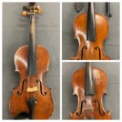 ANTIQUE VIOLINS (3) - one in hard case with bow labelled P & H, London, length of back 35.5cms,