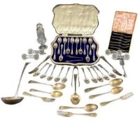 CASED & LOOSE EPNS FLATWARE, set of four glass knife rests and a moulded glass sugar sifter with