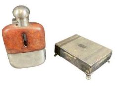 JAMES DIXON & SON SILVER PLATED & LEATHER HIP FLASK and an HB Aristocrat EPNS cigarette box, 14cms L