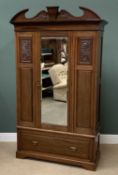 EDWARDIAN MAHOGANY SINGLE MIRRORED DOOR WARDROBE - with carved front and base drawer, 218cms H,