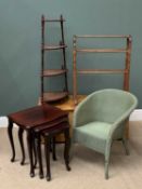 FURNITURE ASSORTMENT to include Lloyd Loom tub chair, towel airer, whatnot, blanket box and a nest