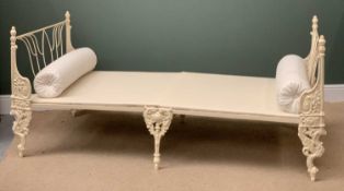 CAST METAL DAY BED - French style, folding with base boards and rolled cushions, 90cms H, 200cms