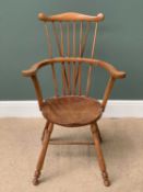 VINTAGE OAK CURVED & STICKBACK ARMCHAIR, 95cms H, 61cms W, 40cms D