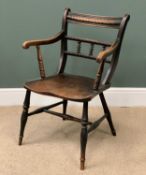 VINTAGE ELM ELBOW CHAIR with shaped and bobbin back, on turned supports, 84cms H, 85cms W, 37cms D