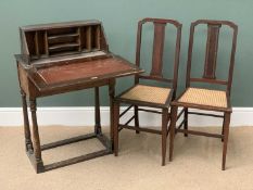 VINTAGE OAK RISE & FALL DESK/BUREAU, 74cms H, 61cms W, 36cms D, a pair of cane seated bedroom chairs