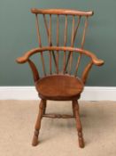 VINTAGE SWIVEL STICKBACK ARMCHAIR with curved and spindleback, 102cms H, 66cms W, 40cms diameter