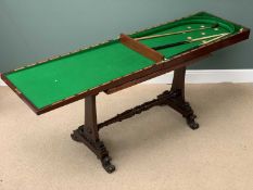 VICTORIAN MAHOGANY BAGATELLE FOLDING GAMES TABLE, the base with turned stretcher and scrolled