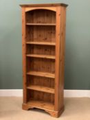 PINE OPEN SHELF BOOKCASE - with six shelves, 189cms H, 78cms W, 32cms D