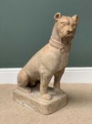 TERRACOTTA LARGE STATUE OF A DOG - stamped 'J Garouste', on a square base, 67cms H, 40cms W, 26cms D
