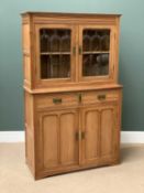 20th CENTURY LIGHT OAK BOOKCASE CUPBOARD, the upper section with twin bevelled glass doors over a