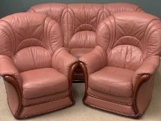 MODERN THREE PIECE SUITE, terracotta colour leather effect and wood, the sofa 97cms H, 200cms W,