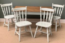 FARMHOUSE TYPE TABLE, 74cms H, 137cms W, 75cms D & FOUR CHAIRS, 89cms H, 43cms W, 38cms D, the table