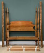ANTIQUE MAHOGANY BED FRAME - with reeded columns on turned and block supports, 170cms H, 139cms W,