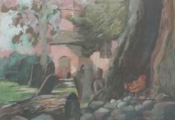 BRYN RICHARDS mixed media - Chicken in a hollow tree, 34 x 25cms