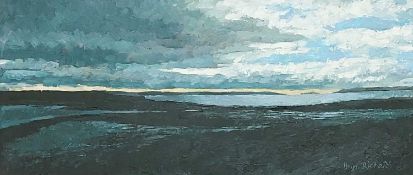 BRYN RICHARDS oil on board - Swanbridge with HMS Achilles, 55 x 24cms