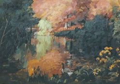 BRYN RICHARDS oil on canvas - Roath Park Lake, 55 x 38cms