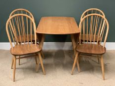 ERCOL LIGHT ELM DROP LEAF TABLE, 71cms H, 124cms W, 113cms D (open) and four hoop back spindle