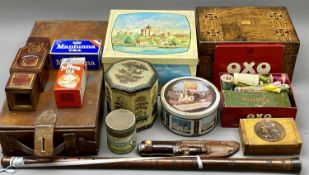 MIXED COLLECTABLES GROUP - a Victorian walnut and inlaid lidded box, vintage tin case, treen watch