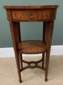 ANTIQUE CROSSBANDED MAHOGANY OVAL TOPPED OCCASIONAL TABLE with narrow drawer, base shelf and