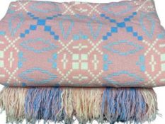 TRADITIONAL WELSH WOOLLEN BLANKET - in pink and blue reversible pattern, 218 x 150cms
