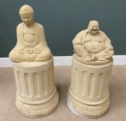 HEAVY SANDSTONE COLOURED BUDDHA ORNAMENTS (2) on circular pedestal bases, 95cms H including base (
