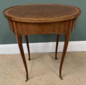 ANTIQUE FRENCH CHEQUERED TOP OVAL OCCASIONAL TABLE, herringbone veneer with two drawers, on shaped