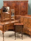 ANTIQUE FIGURED WALNUT BEDROOM SUITE comprising triple door wardrobe with fitted interior, 193cms H,