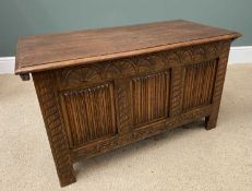 VINTAGE OAK LINENFOLD PANEL & CARVED BLANKET CHEST, 54cms H, 91cms w, 46cms D