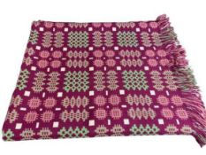 TRADITIONAL WELSH WOOLLEN BLANKET - ground burgundy with greens and whites, etc, tasselled ends, 150