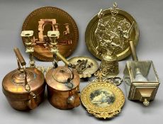 VINTAGE & LATER BRASSWARE, copper kettles, large doorside bell, ETC