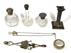 HALLMARKED SILVER TOP SCENT BOTTLES (3), single Corinthian candlestick, various Birmingham