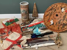 JAPANESE POTTERY STICKSTAND with quantity of vintage walking sticks, umbrellas, parasols and