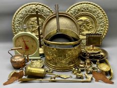 VINTAGE & LATER COPPER & BRASSWARE - to include repousse brass plaques, copper boot fireside