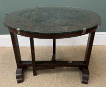 CARVED WOOD CHINESE METAMORPHIC CIRCULAR TOPPED TABLE, 51cms H, 61cms diameter