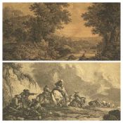 J BOYDEL antique engraving - figures overlooking river with city to the background, 53 x 64cms and