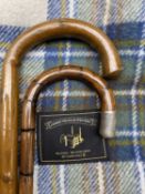 SILVER COLLARED WALKING STICK & ONE OTHER with a James Pringle lap blanket