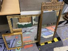 VINTAGE WALL MIRRORS (3) - a carved top oak example with gilt highlighting, 96 x 41cms, leaf