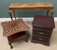 FURNITURE ASSORTMENT (3) - burr walnut console table, 78cms H, 108cms W, 36cms D, a two tier