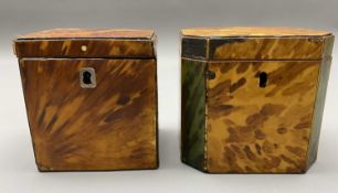 GEORGE III GREEN & BLONDE TORTOISESHELL VENEERED TEA CADDY and a smaller blonde tortoiseshell tea