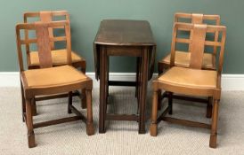 MID-CENTURY TYPE OAK DINING CHAIRS, set of four with rexine seats on block supports with a gate